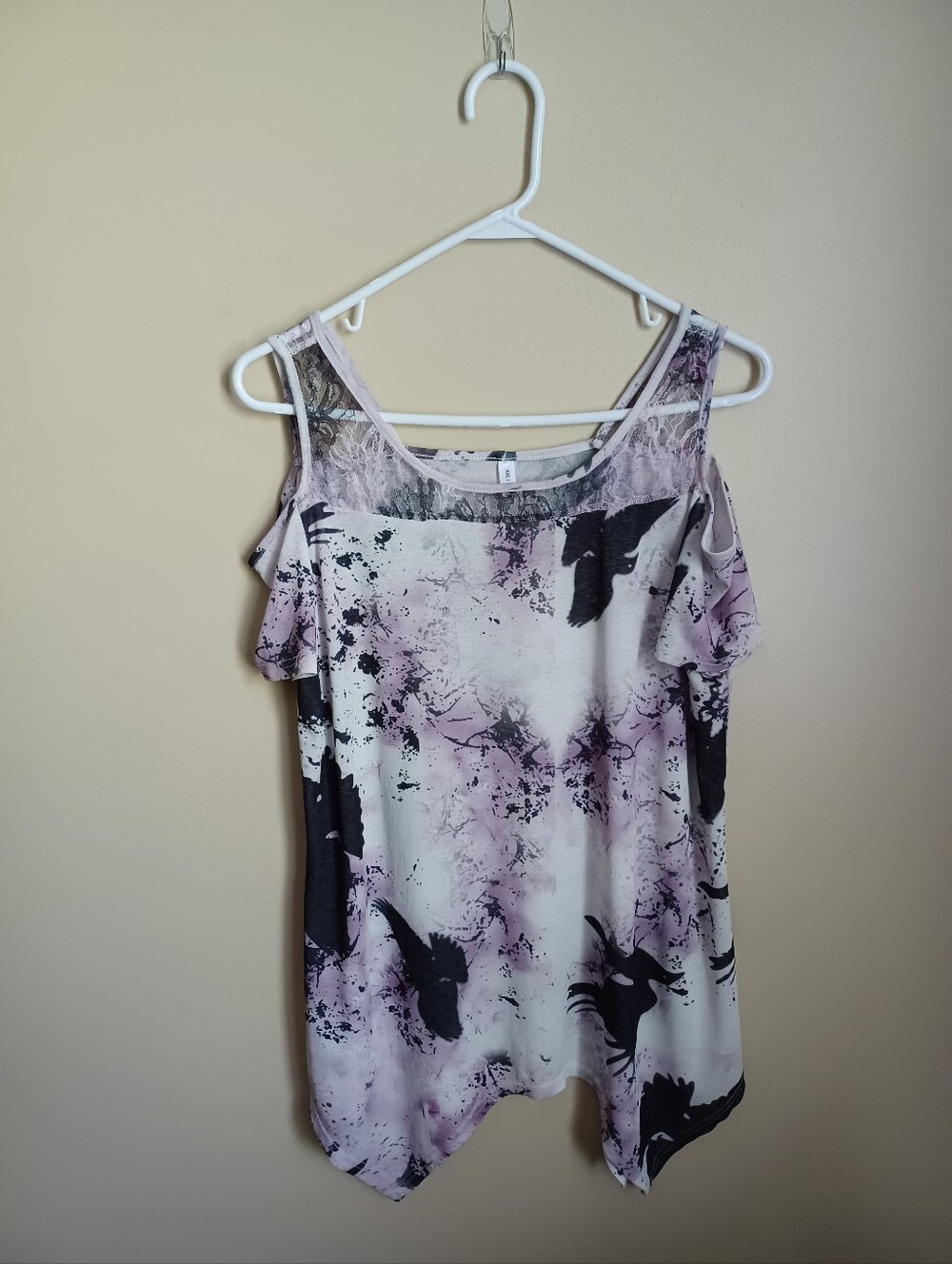 Women's Size XXL Dressfo Purple White Black Bird Cold Shoulder Top Shirt Clothes